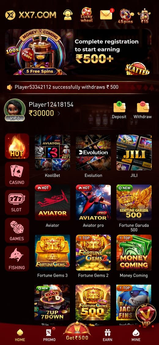 xx7 game app home screen showing the live game lobby, wallet balance and bonus banners